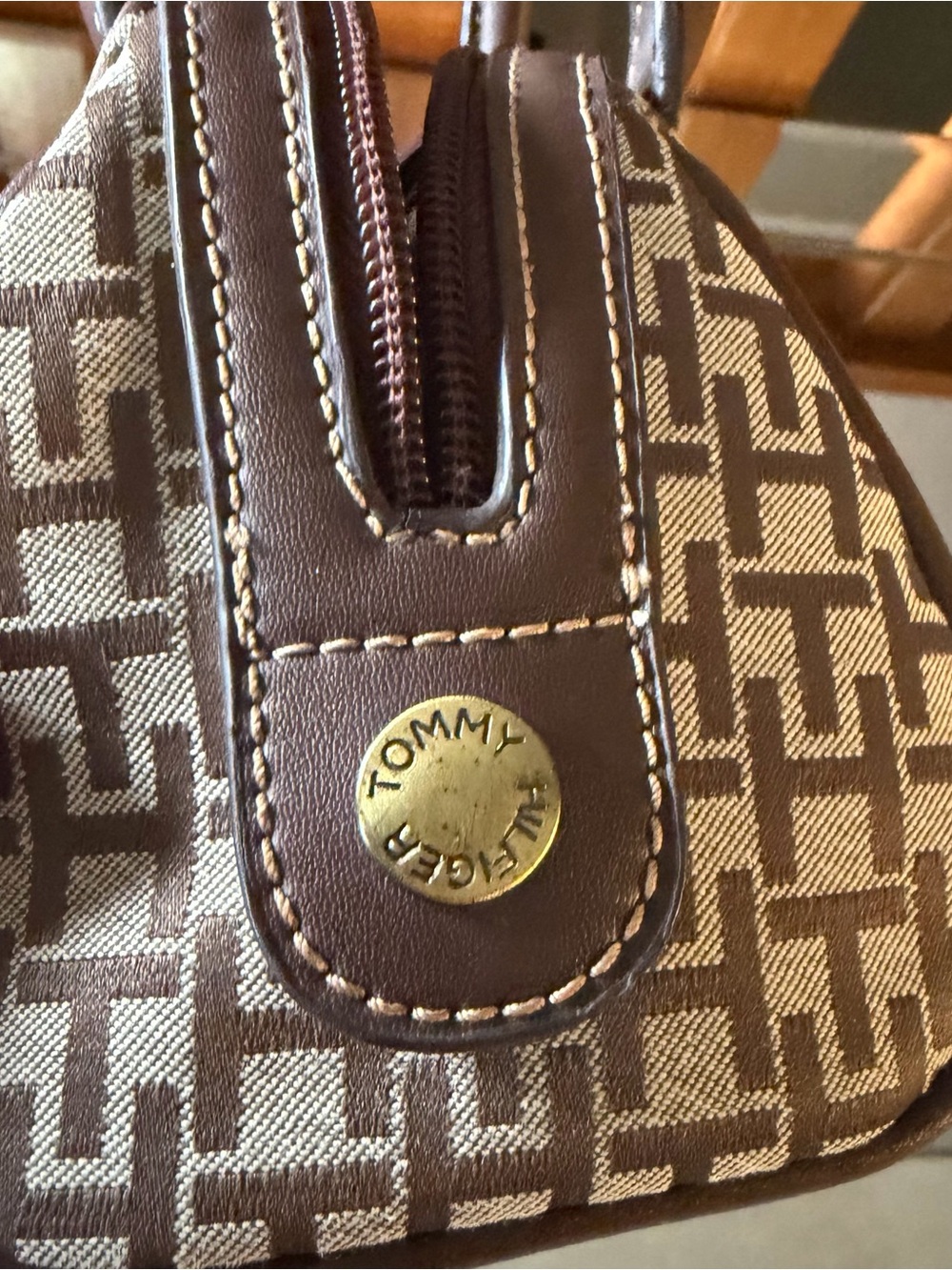 Vintage Tommy Hilfiger Brown Patterned Canvas Satchel with Red Stripe - Picture 5 of 7